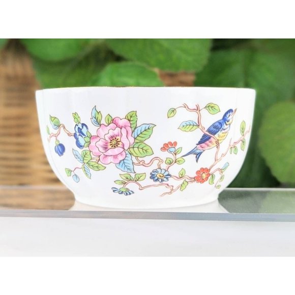 White Porcelain Bowl Gold Trim Floral Vintage Fine China Blue Birds Pink Floral - Picture 2 of 10